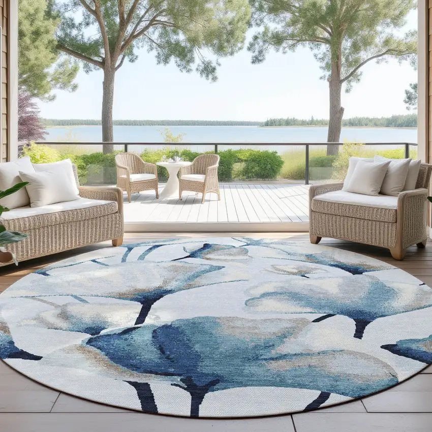 8' Sky Blue Ivory And Brown Round Botanical Leaves Washable Indoor Outdoor Area Rug Photo 4