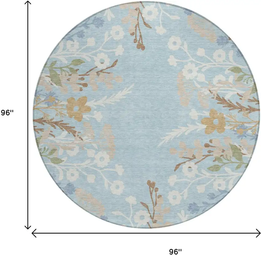 8' Sky Blue Ivory And Brown Round Floral Washable Indoor Outdoor Area Rug Photo 3