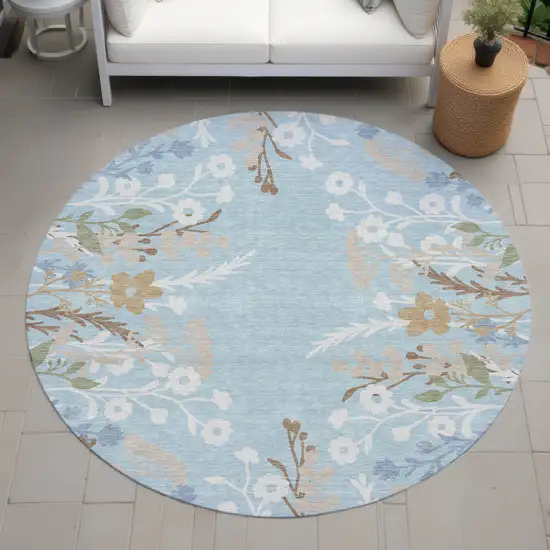 8' Sky Blue Ivory And Brown Round Floral Washable Indoor Outdoor Area Rug Photo 8
