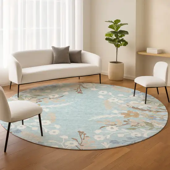 8' Sky Blue Ivory And Brown Round Floral Washable Indoor Outdoor Area Rug Photo 9