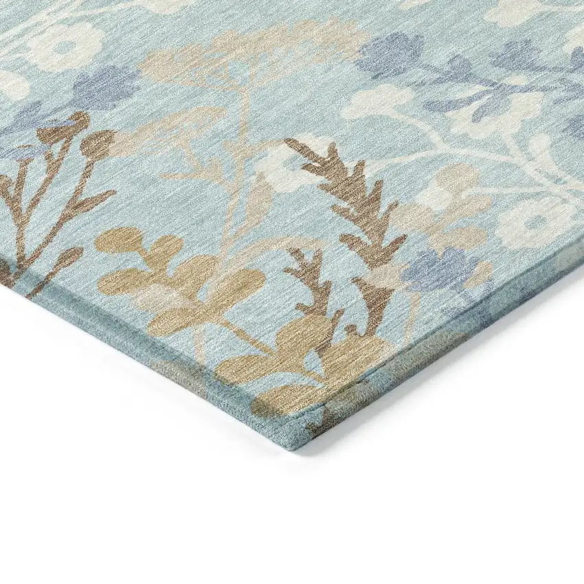 8' Sky Blue Ivory And Brown Round Floral Washable Indoor Outdoor Area Rug Photo 6