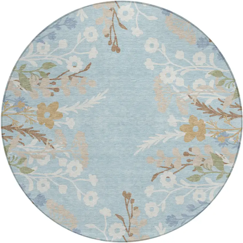 8' Sky Blue Ivory And Brown Round Floral Washable Indoor Outdoor Area Rug Photo 2