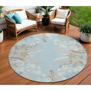 Photo of 8' Sky Blue Ivory And Brown Round Floral Washable Indoor Outdoor Area Rug