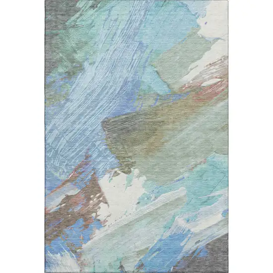 8' Sky Blue Ivory And Charcoal Abstract Washable Area Rug With UV Protection Photo 1