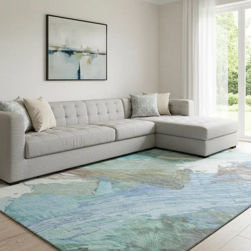 8' Sky Blue Ivory And Charcoal Abstract Washable Area Rug With UV Protection Photo 2
