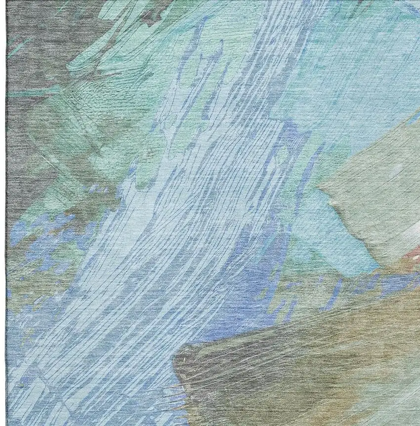 8' Sky Blue Ivory And Charcoal Abstract Washable Area Rug With UV Protection Photo 2