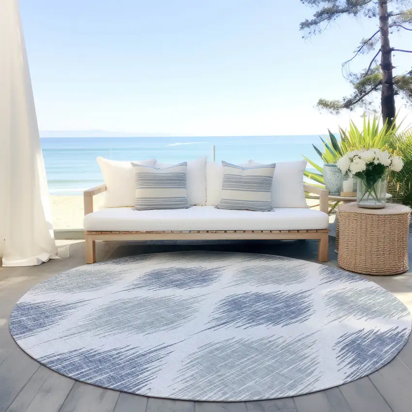 8' Sky Blue Ivory And Denim Blue Round Ikat Washable Indoor Outdoor Area Rug Photo 6
