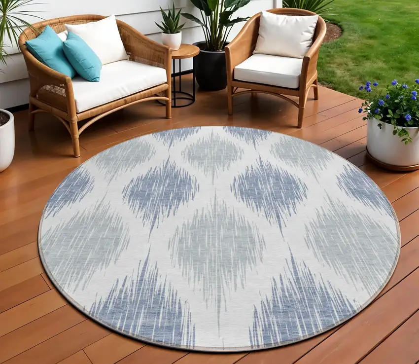 8' Sky Blue Ivory And Denim Blue Round Ikat Washable Indoor Outdoor Area Rug Photo 1