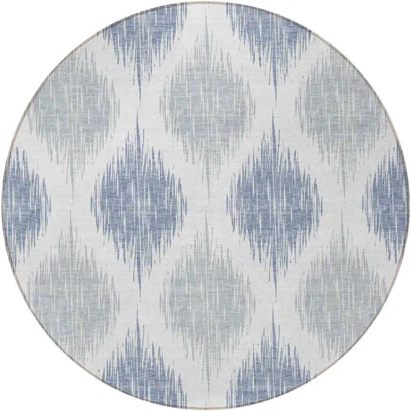 8' Sky Blue Ivory And Denim Blue Round Ikat Washable Indoor Outdoor Area Rug Photo 5