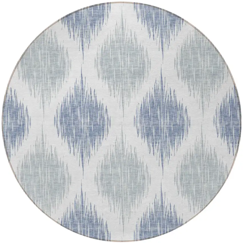 8' Sky Blue Ivory And Denim Blue Round Ikat Washable Indoor Outdoor Area Rug Photo 5