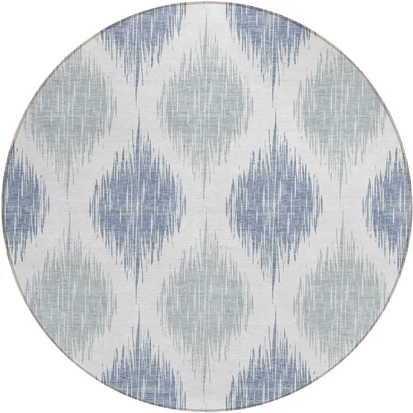 8' Sky Blue Ivory And Denim Blue Round Ikat Washable Indoor Outdoor Area Rug Photo 2