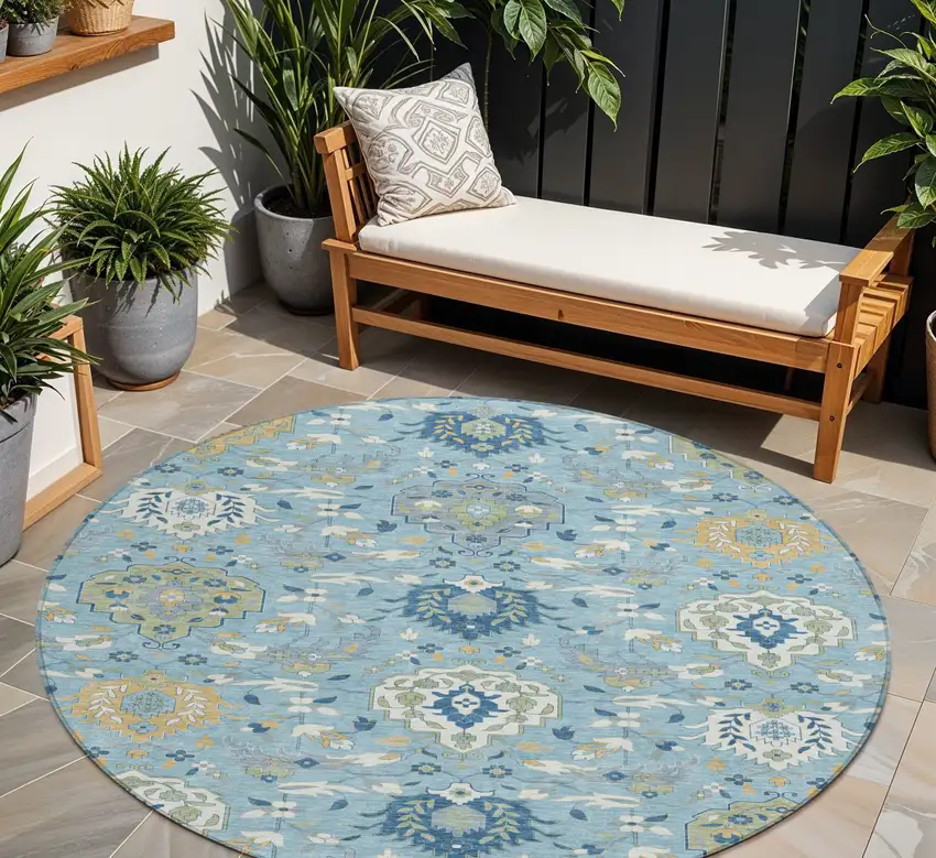 8' Sky Blue Ivory And Gold Round Damask Washable Indoor Outdoor Area Rug Photo 1