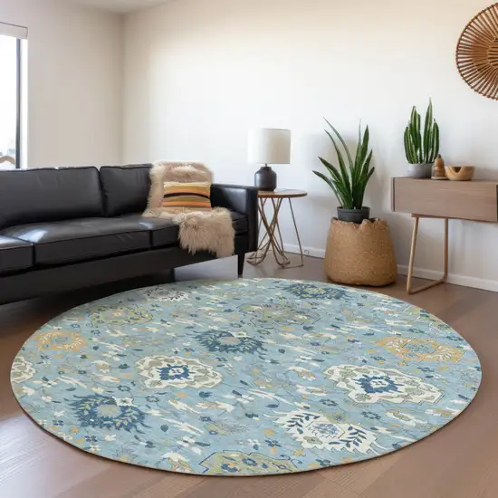 8' Sky Blue Ivory And Gold Round Damask Washable Indoor Outdoor Area Rug Photo 7