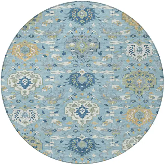 8' Sky Blue Ivory And Gold Round Damask Washable Indoor Outdoor Area Rug Photo 5