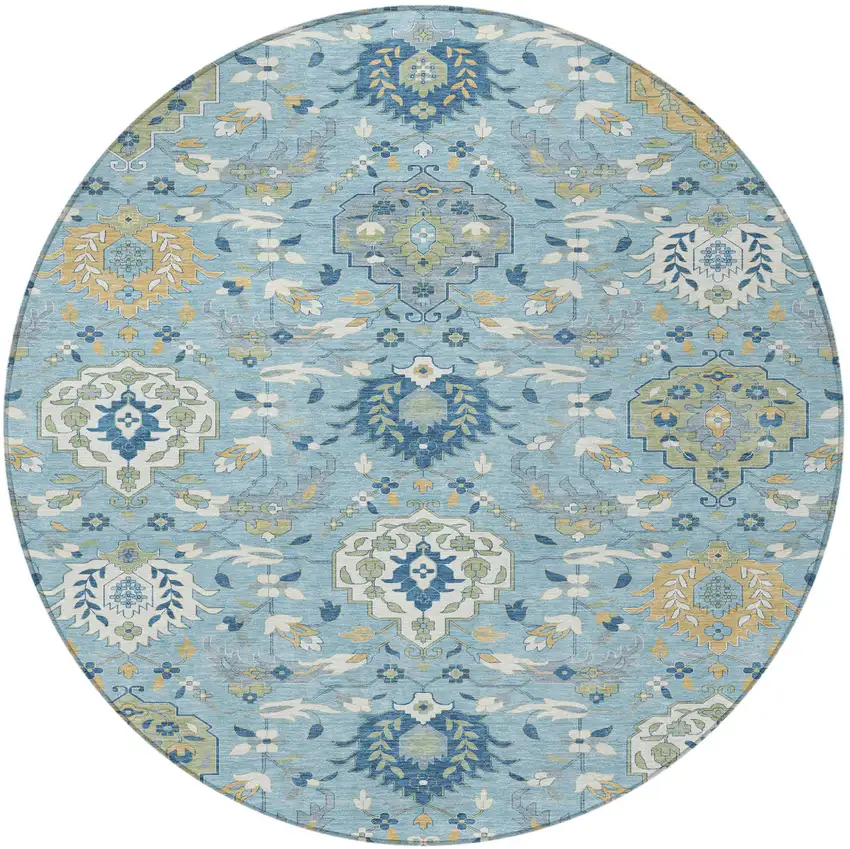 8' Sky Blue Ivory And Gold Round Damask Washable Indoor Outdoor Area Rug Photo 5