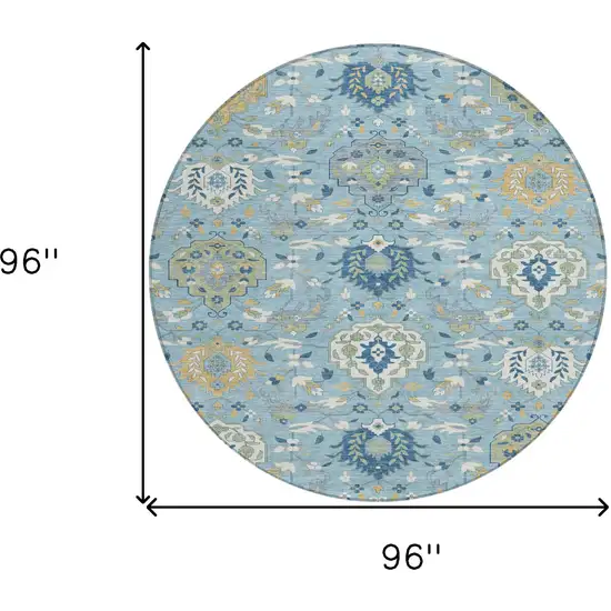 8' Sky Blue Ivory And Gold Round Damask Washable Indoor Outdoor Area Rug Photo 3