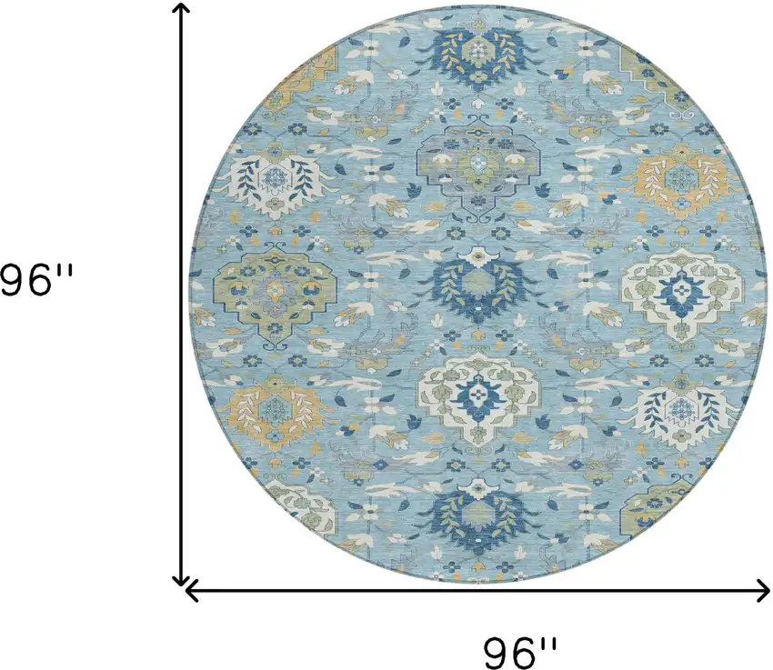 8' Sky Blue Ivory And Gold Round Damask Washable Indoor Outdoor Area Rug Photo 3