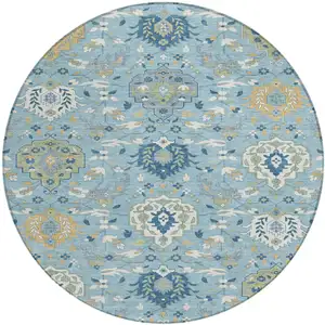 Photo of 8' Sky Blue Ivory And Gold Round Damask Washable Indoor Outdoor Area Rug