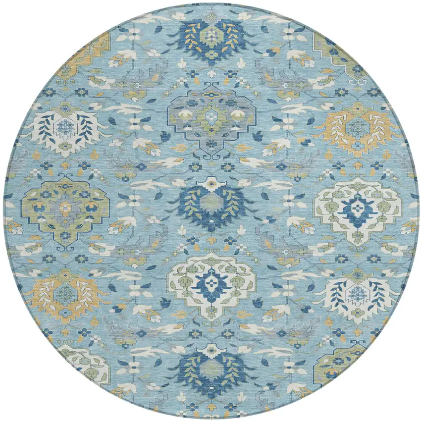 8' Sky Blue Ivory And Gold Round Damask Washable Indoor Outdoor Area Rug Photo 2