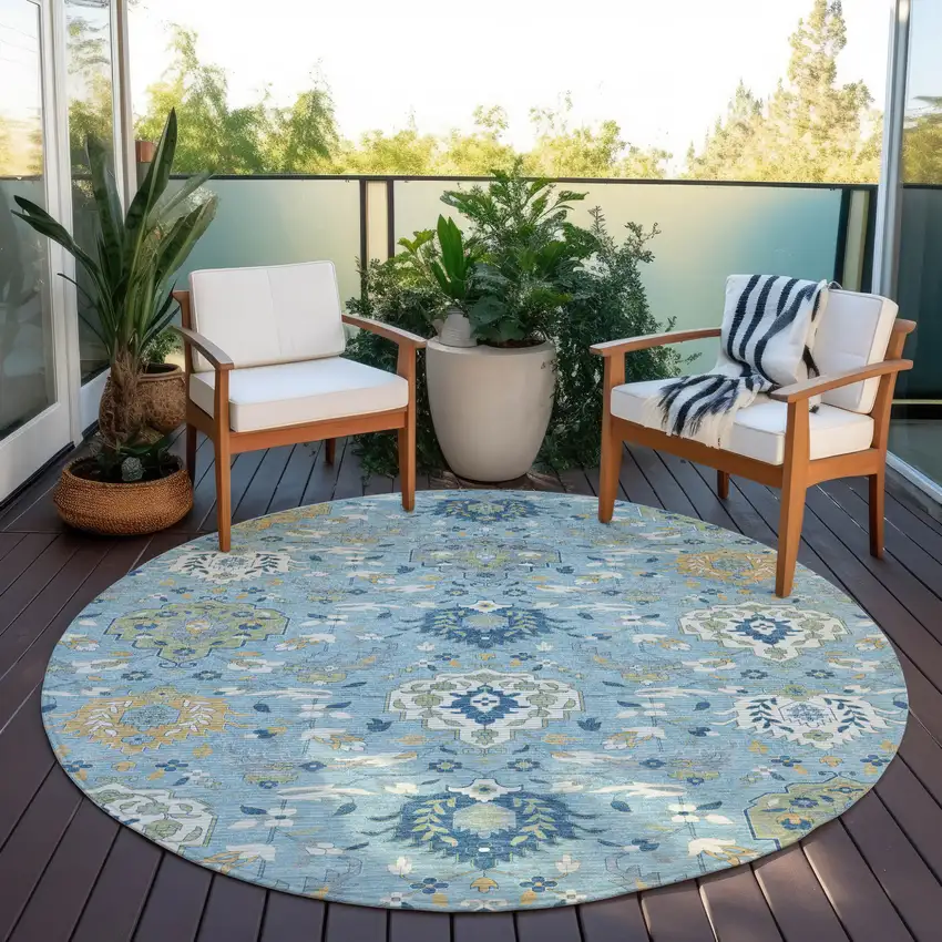 8' Sky Blue Ivory And Gold Round Damask Washable Indoor Outdoor Area Rug Photo 6
