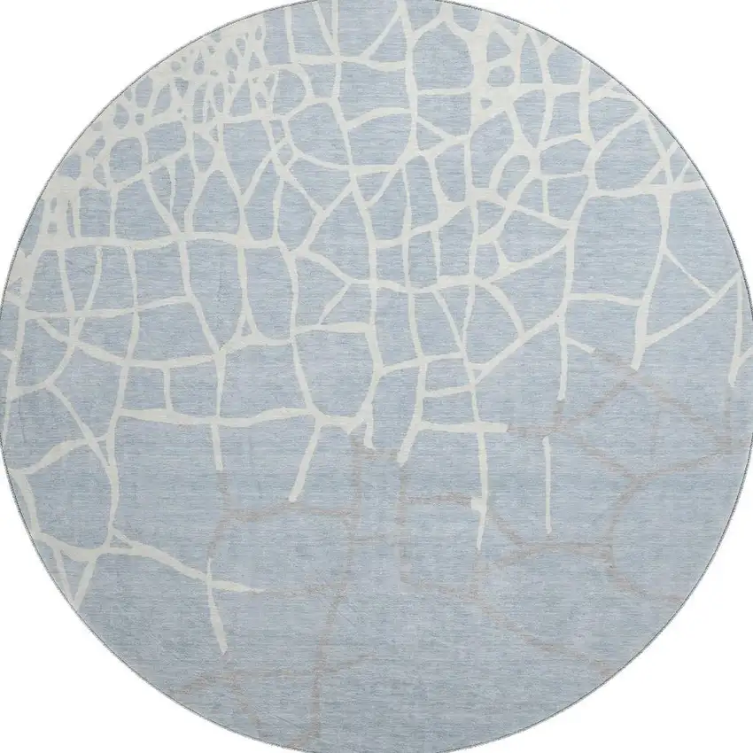 8' Sky Blue Ivory And Gray Abstract Geometric Washable Round Rug With UV Protection Photo 3