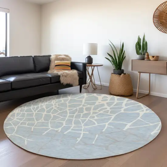 8' Sky Blue Ivory And Gray Abstract Geometric Washable Round Rug With UV Protection Photo 4
