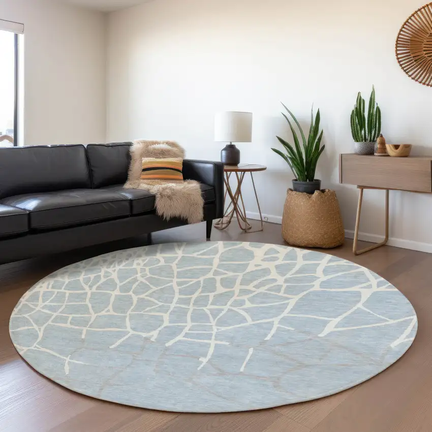 8' Sky Blue Ivory And Gray Abstract Geometric Washable Round Rug With UV Protection Photo 4