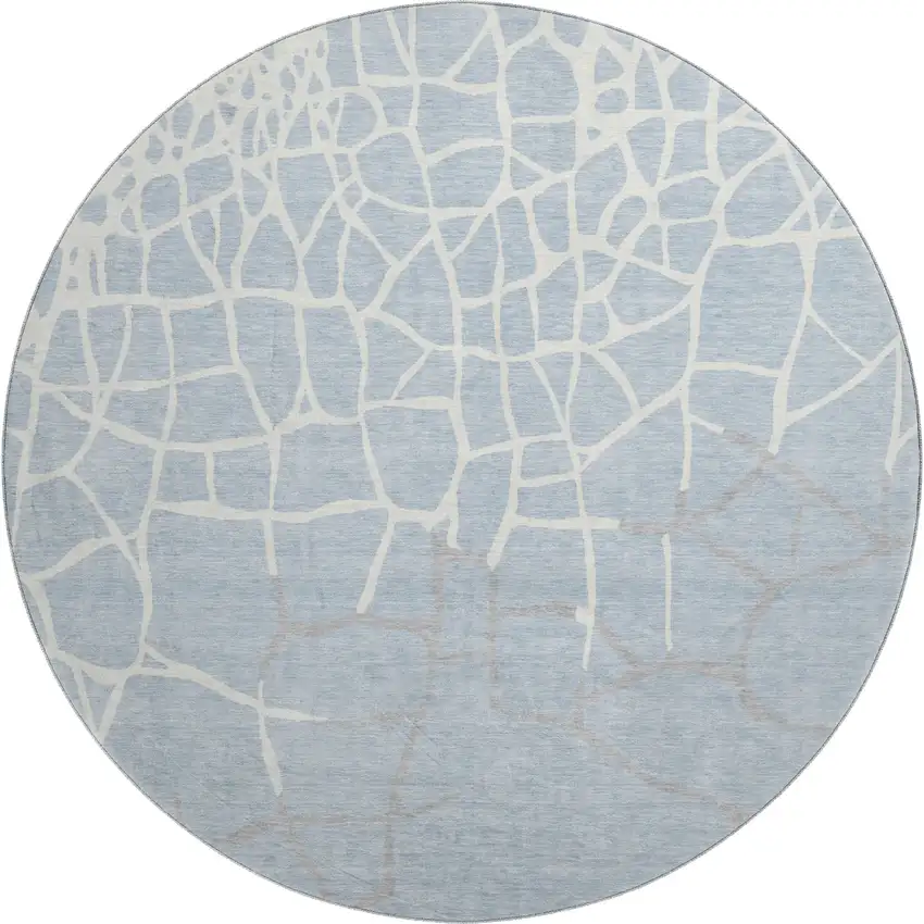 8' Sky Blue Ivory And Gray Abstract Geometric Washable Round Rug With UV Protection Photo 1