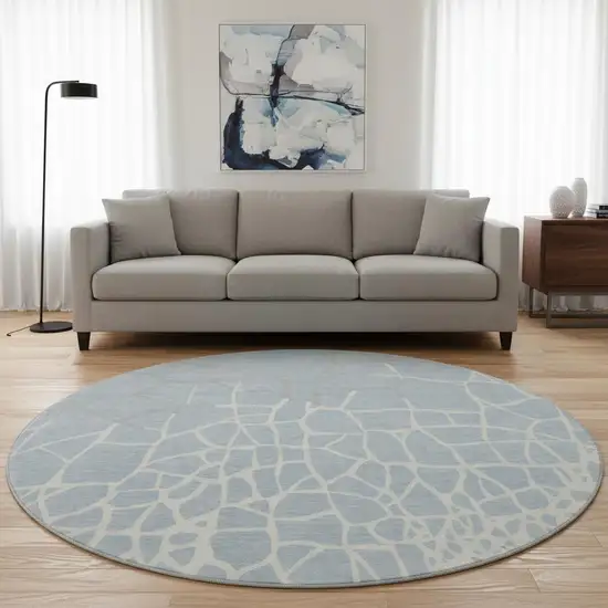 8' Sky Blue Ivory And Gray Abstract Geometric Washable Round Rug With UV Protection Photo 2