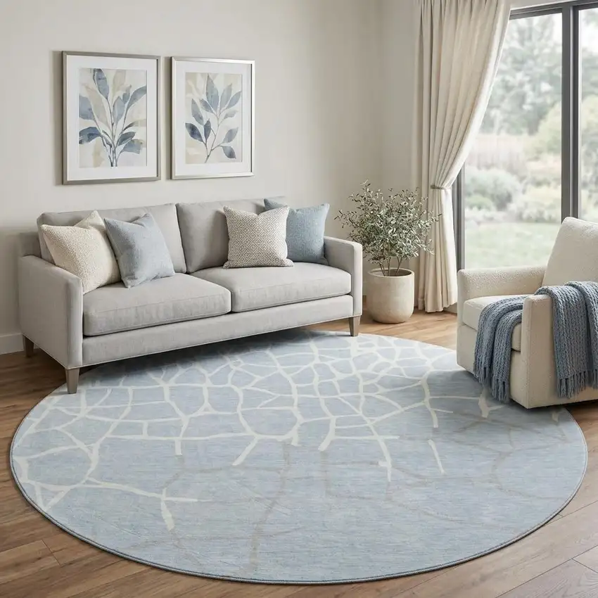 8' Sky Blue Ivory And Gray Abstract Geometric Washable Round Rug With UV Protection Photo 1