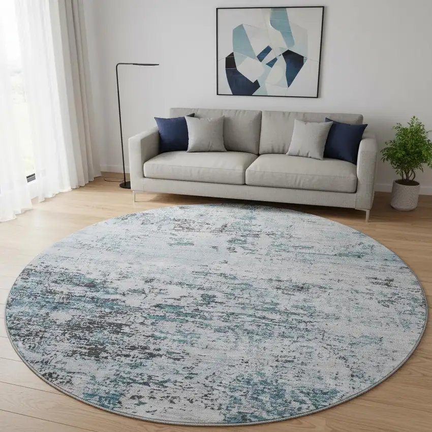 8' Sky Blue Ivory And Gray Abstract Washable Round Rug With UV Protection Photo 2