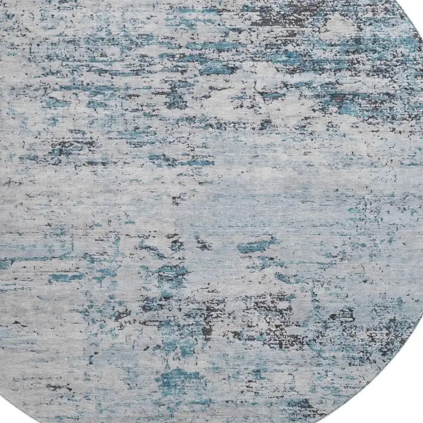 8' Sky Blue Ivory And Gray Abstract Washable Round Rug With UV Protection Photo 2