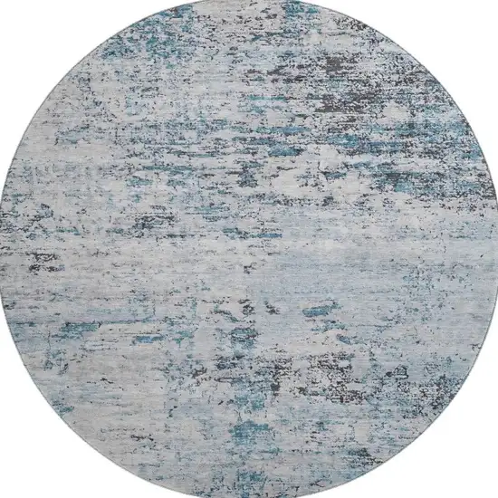 8' Sky Blue Ivory And Gray Abstract Washable Round Rug With UV Protection Photo 3