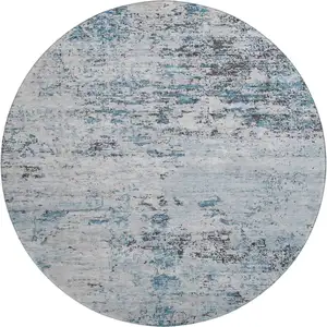 Photo of 8' Sky Blue Ivory And Gray Abstract Washable Round Rug With UV Protection