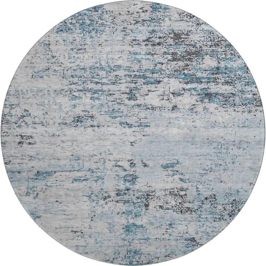 8' Sky Blue Ivory And Gray Abstract Washable Round Rug With UV Protection Photo 1