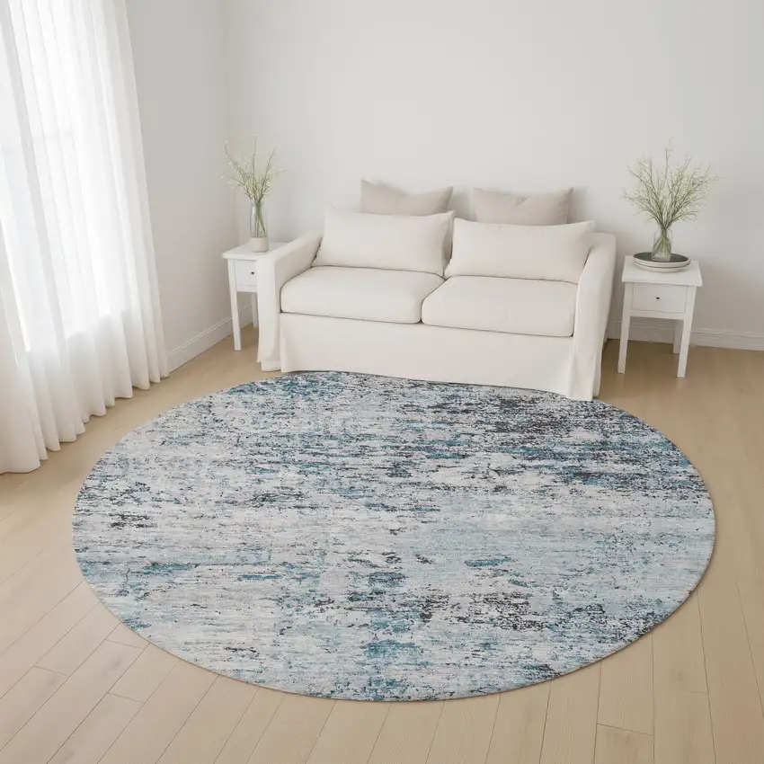 8' Sky Blue Ivory And Gray Abstract Washable Round Rug With UV Protection Photo 4