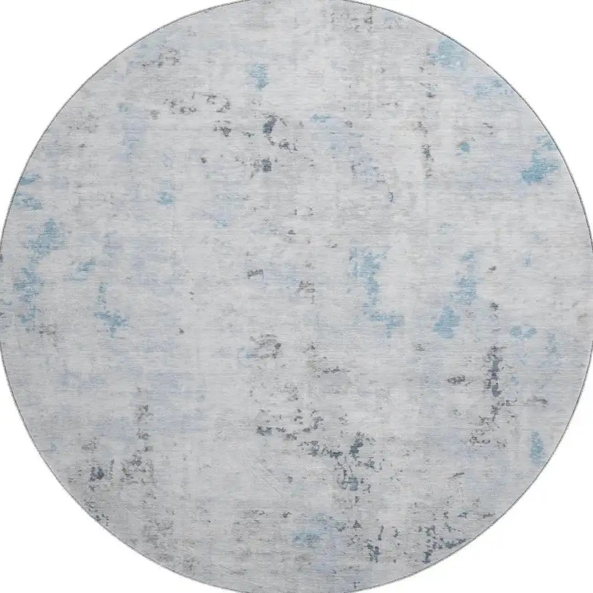 8' Sky Blue Ivory And Gray Abstract Washable Round Rug With UV Protection Photo 3