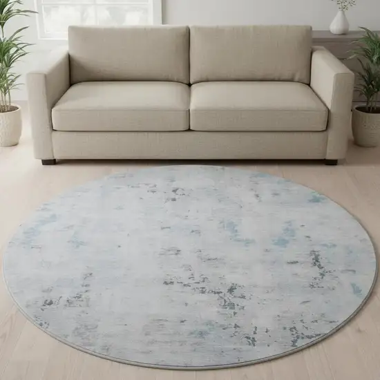 8' Sky Blue Ivory And Gray Abstract Washable Round Rug With UV Protection Photo 2