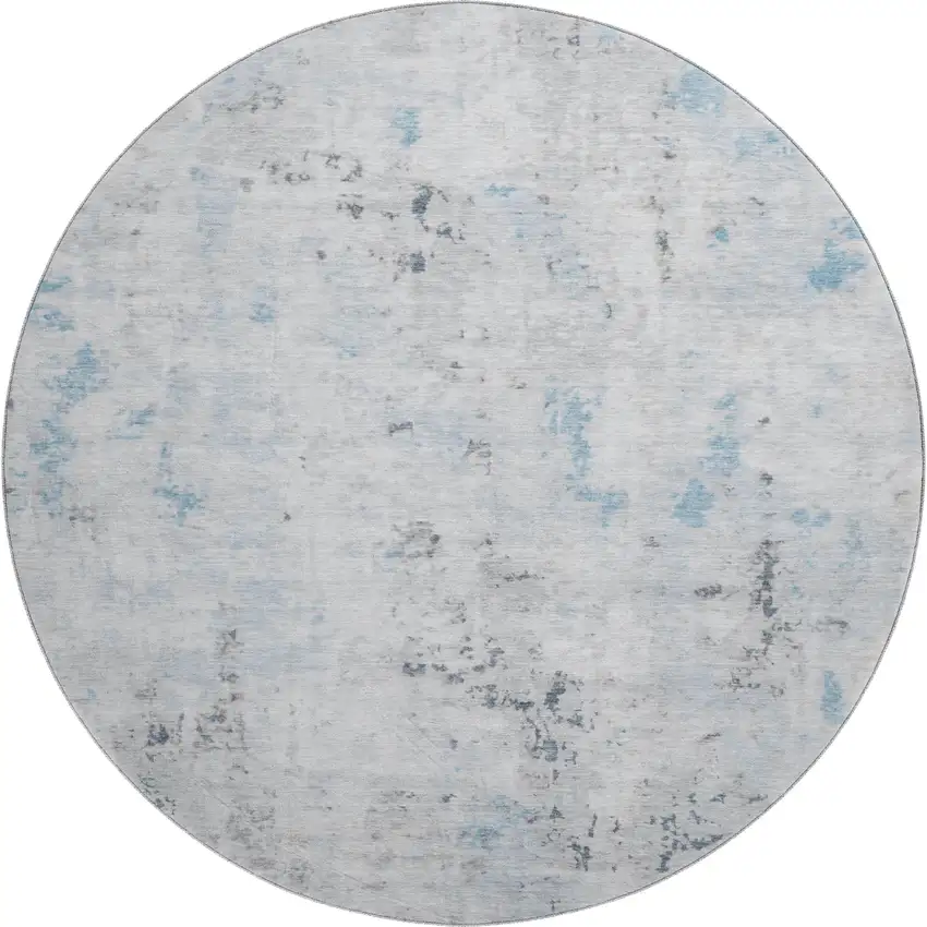 8' Sky Blue Ivory And Gray Abstract Washable Round Rug With UV Protection Photo 1