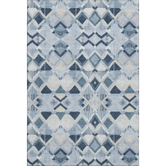 8' Sky Blue Ivory And Gray Geometric Washable Area Rug With UV Protection Photo 1