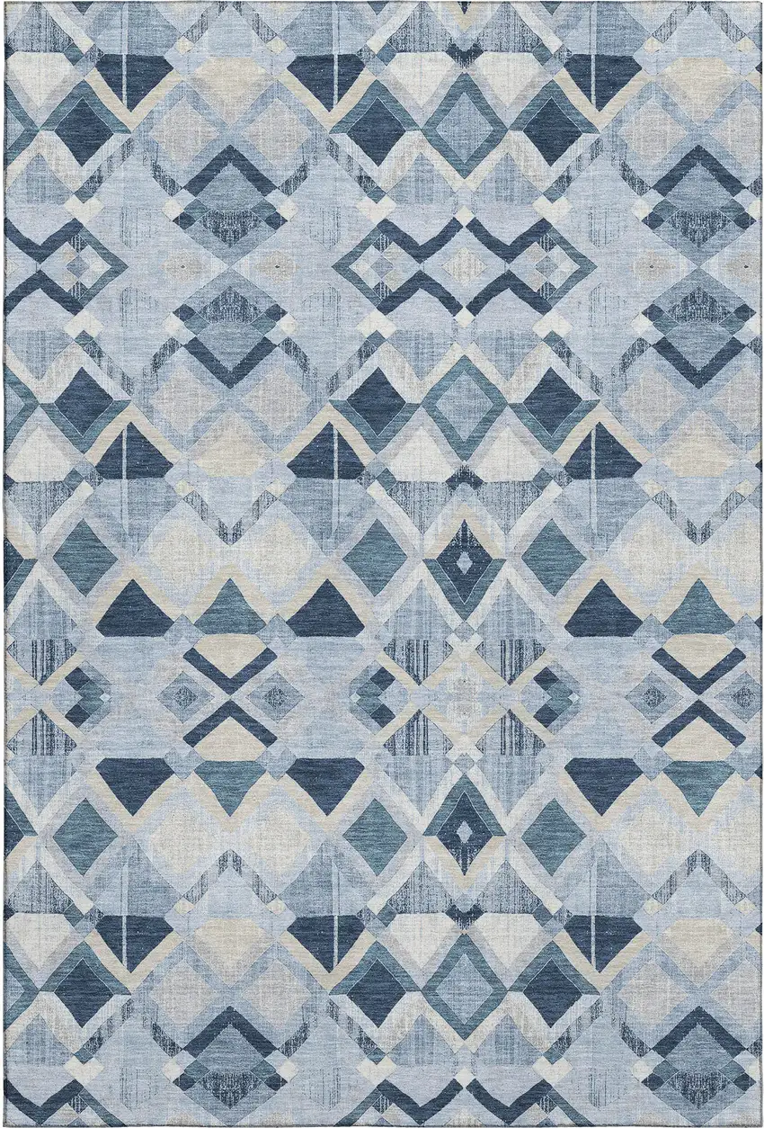 8' Sky Blue Ivory And Gray Geometric Washable Area Rug With UV Protection Photo 1