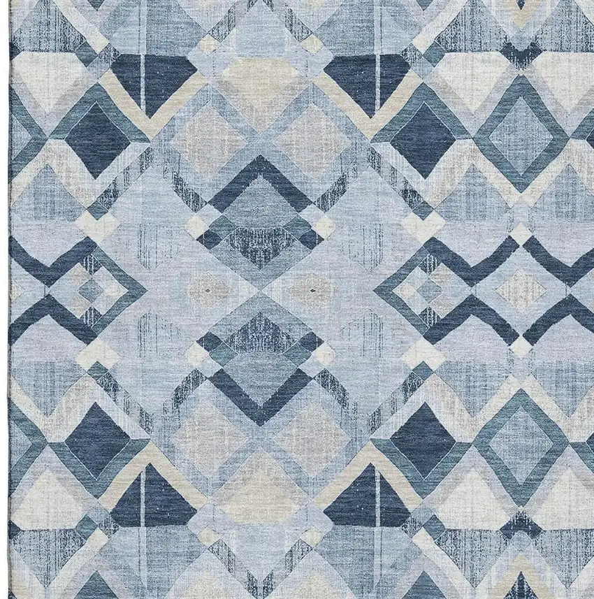 8' Sky Blue Ivory And Gray Geometric Washable Area Rug With UV Protection Photo 3