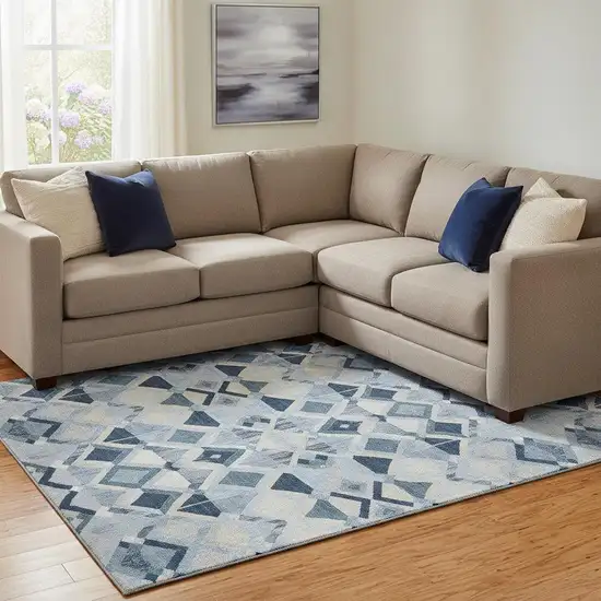 8' Sky Blue Ivory And Gray Geometric Washable Area Rug With UV Protection Photo 2