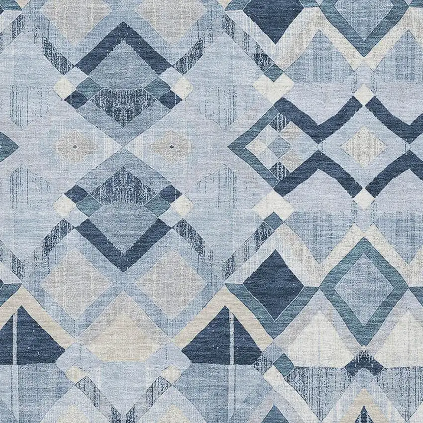 8' Sky Blue Ivory And Gray Geometric Washable Area Rug With UV Protection Photo 2