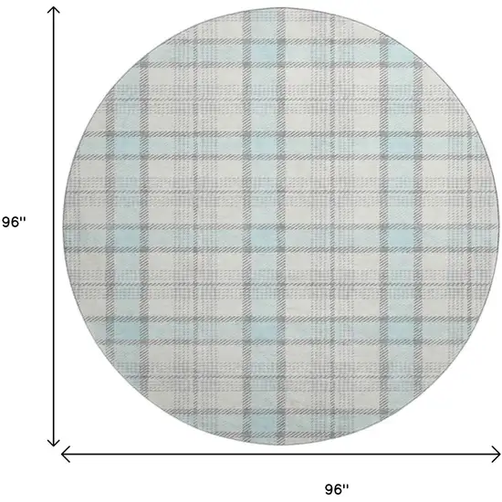 8' Sky Blue Ivory And Gray Plaid Washable Round Rug With UV Protection Photo 9