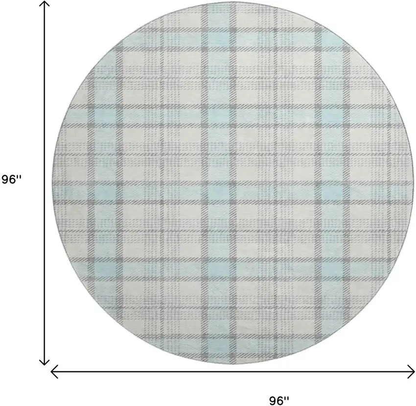 8' Sky Blue Ivory And Gray Plaid Washable Round Rug With UV Protection Photo 9