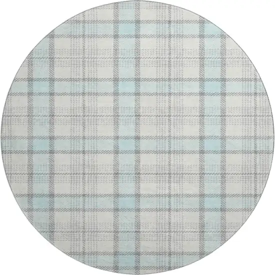 8' Sky Blue Ivory And Gray Plaid Washable Round Rug With UV Protection Photo 1