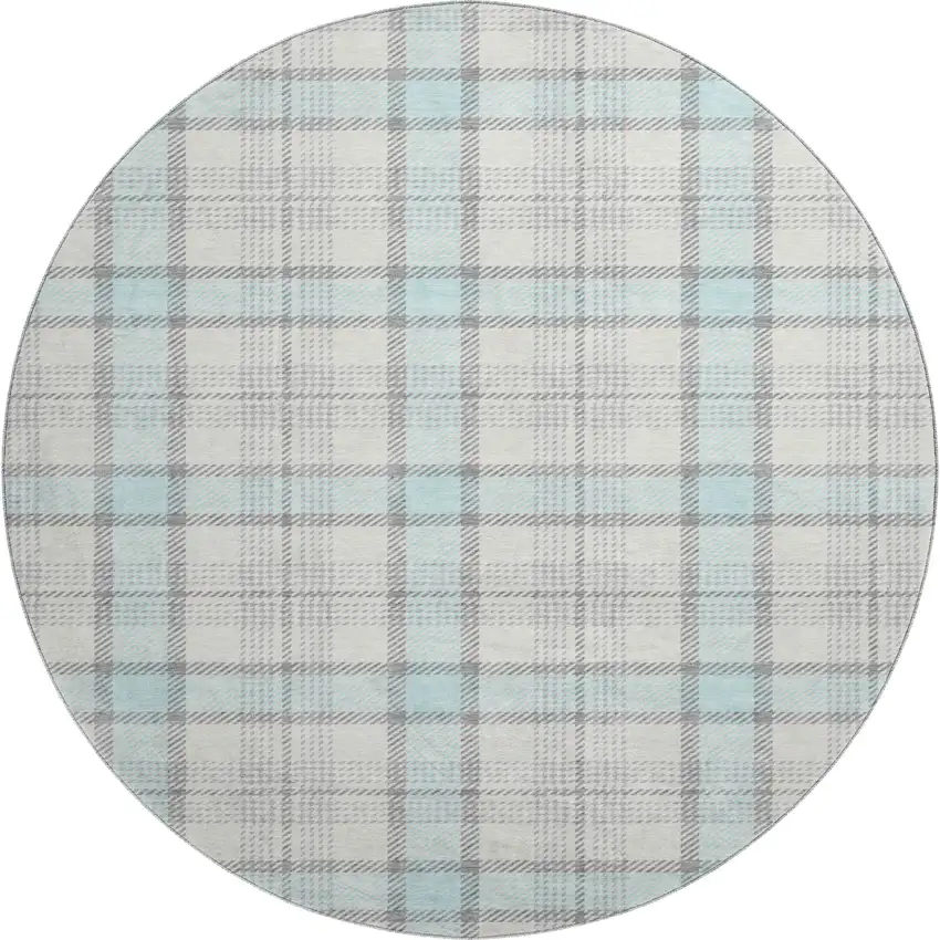 8' Sky Blue Ivory And Gray Plaid Washable Round Rug With UV Protection Photo 1