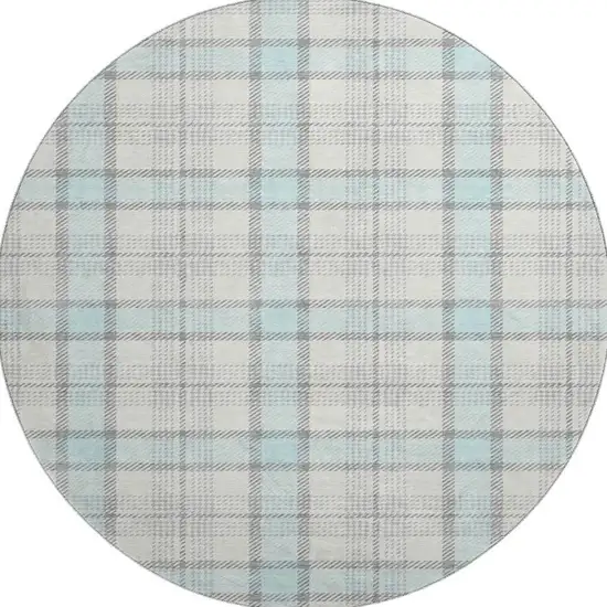 8' Sky Blue Ivory And Gray Plaid Washable Round Rug With UV Protection Photo 2