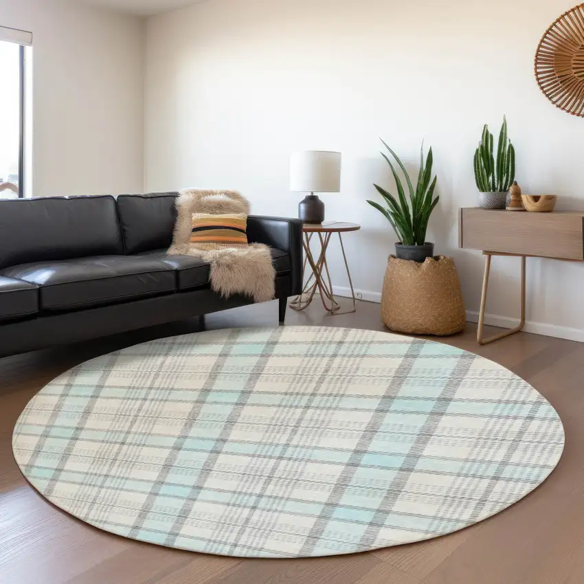 8' Sky Blue Ivory And Gray Plaid Washable Round Rug With UV Protection Photo 4